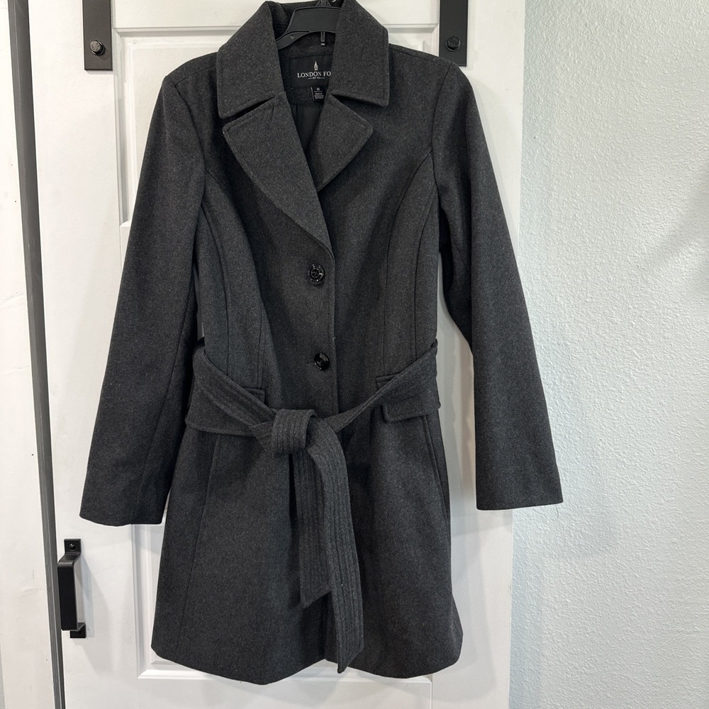 London Fog Women's MEDIUM Pea Coat Dark Gray w/belt Double Breasted
